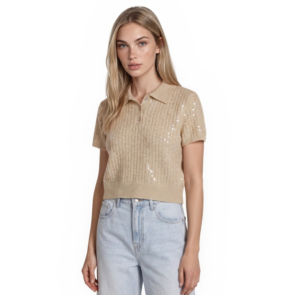 Camila Coelho Knit Polo Top Sweater Women's Size Small Beige Sequin Cropped